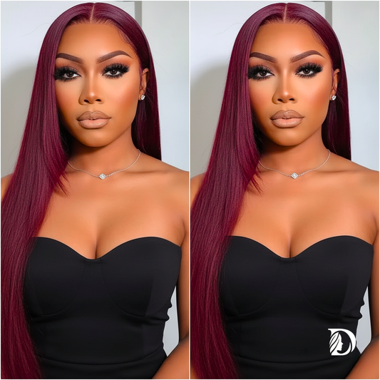 28–36 Inch Burgundy 99J HD Lace Front Wig – 100% Brazilian Remy Human Hair, Bone Straight, 13x6 Transparent Lace, 180–200% Density, Pre-Plucked with Baby Hair