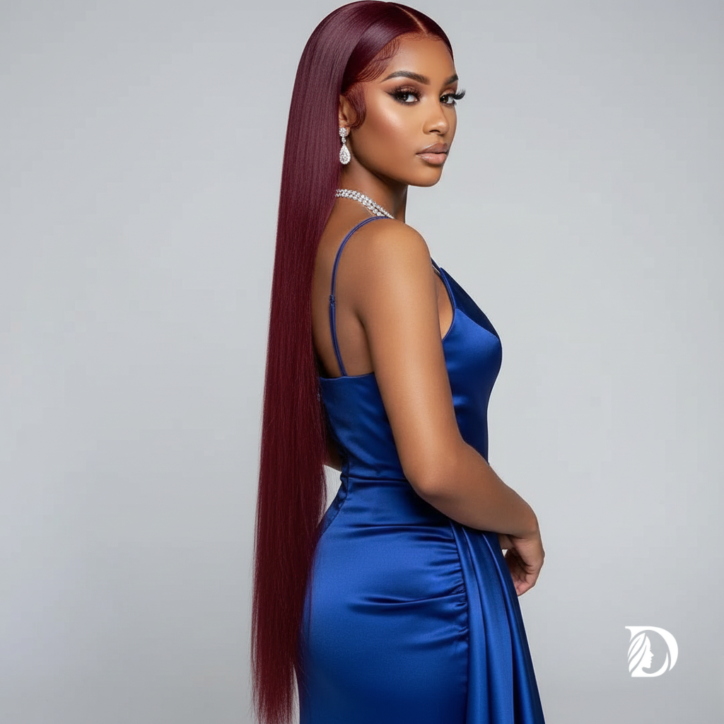 99J Burgundy 13x4 / 13x6 HD Lace Front Wig – 100% Brazilian Remy Human Hair, Full Frontal, Bone Straight, Pre-Plucked with Baby Hair, Transparent Lace, Long 26-Inch+