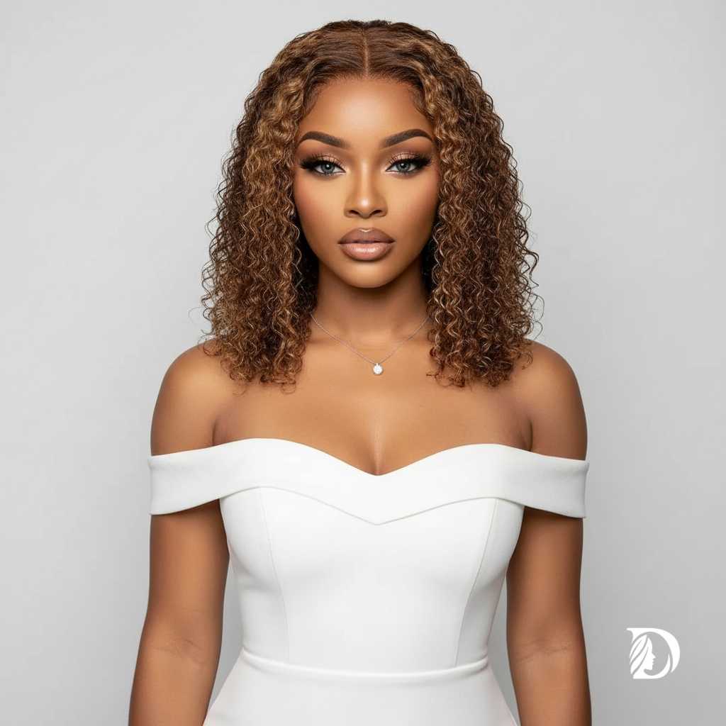 Honey Blonde Highlight Bob Wig – 100% Brazilian Human Hair, 5x5 HD Lace Closure, Curly Deep Wave, Glueless Pre-Cut Wig, Ombre P4/27, 200% Density