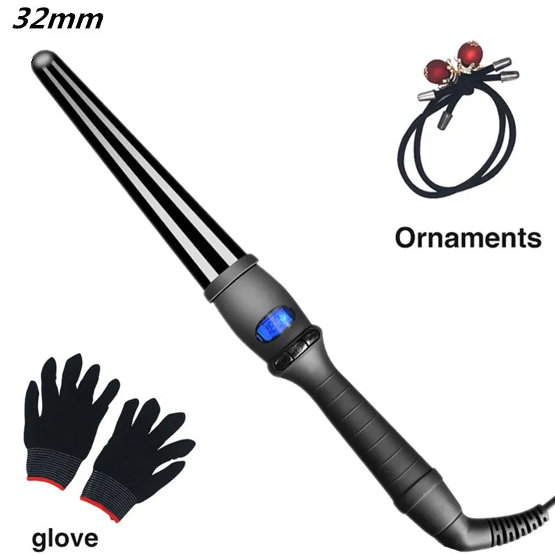 LCD Conical Curling Iron – Ceramic Glaze Pear Flower Cone, Single Tube Hair Curler with Adjustable Temperature (80–210°C) and 360° Rotating Cord