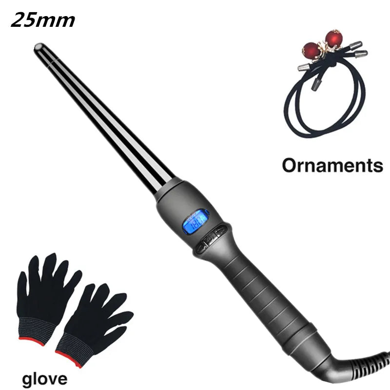 LCD Conical Curling Iron – Ceramic Glaze Pear Flower Cone, Single Tube Hair Curler with Adjustable Temperature (80–210°C) and 360° Rotating Cord