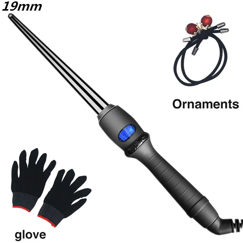 LCD Conical Curling Iron – Ceramic Glaze Pear Flower Cone, Single Tube Hair Curler with Adjustable Temperature (80–210°C) and 360° Rotating Cord