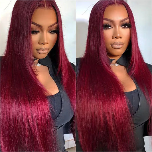 28–36 Inch Burgundy 99J HD Lace Front Wig – 100% Brazilian Remy Human Hair, Bone Straight, 13x6 Transparent Lace, 180–200% Density, Pre-Plucked with Baby Hair