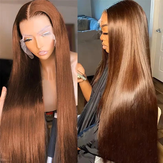 Chocolate Brown 13x4 / 13x6 HD Lace Front Wig – 100% European Remy Human Hair, Bone Straight, Transparent Lace, Pre-Plucked with Baby Hair, 200% Density, Long 26–46 Inch