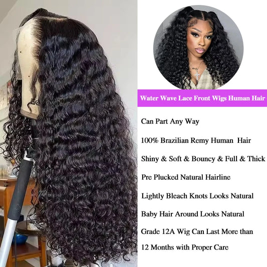 Water Wave 13x4 / 13x6 HD Lace Front Wig – 100% Brazilian Virgin Human Hair, Curly Deep Wave, 180–200% Density, Long 32–38 Inch, Pre-Plucked with Baby Hair