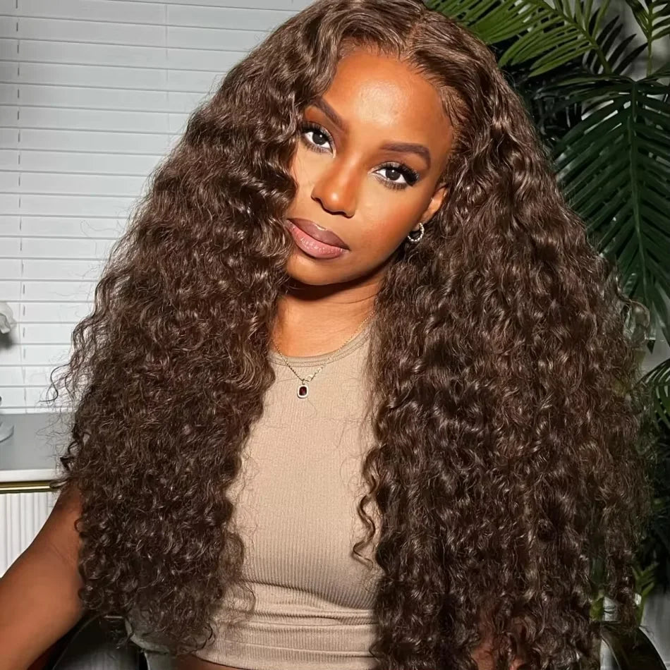Chocolate Brown 13x4 / 13x6 HD Lace Front Wig – 100% Brazilian Remy Human Hair, Deep Curly / Water Wave, Pre-Plucked with Baby Hair, Long 30–36 Inch