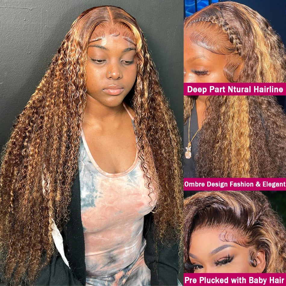 4/27 Highlight Ombre 13x4 / 13x6 HD Lace Front Wig – 100% Brazilian Remy Human Hair, Deep Wave / Curly, 190–210% Density, Long 18–36 Inch, Pre-Plucked with Baby Hair