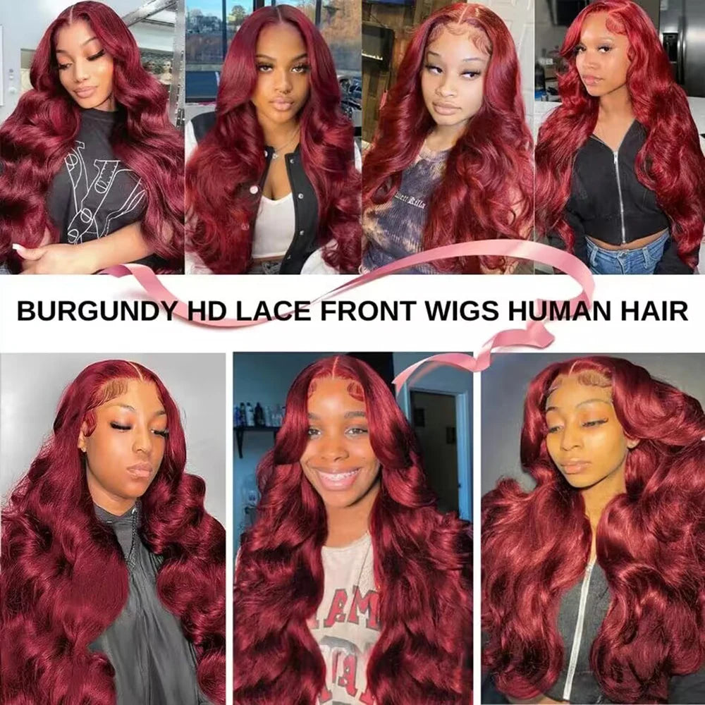 99J Burgundy 13x6 / 13x4 HD Lace Front Wig – 100% Brazilian Remy Human Hair, Body Wave, 200% Density, Long 30–36 Inch, Pre-Plucked & Transparent Lace