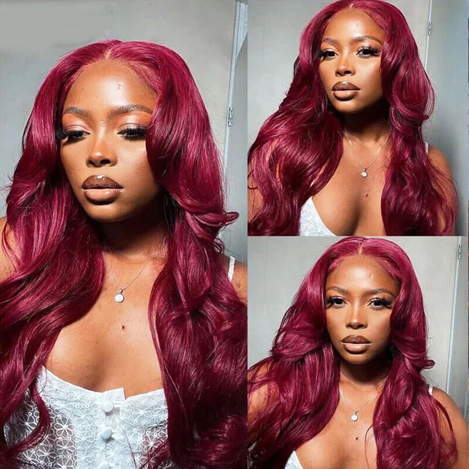 99J Burgundy HD Lace Front Wig – 100% Brazilian Remy Human Hair, Body Wave, 13x4 / 13x6 Transparent Lace, 180–250% Density, Pre-Plucked, Glueless & Long 26-Inch+