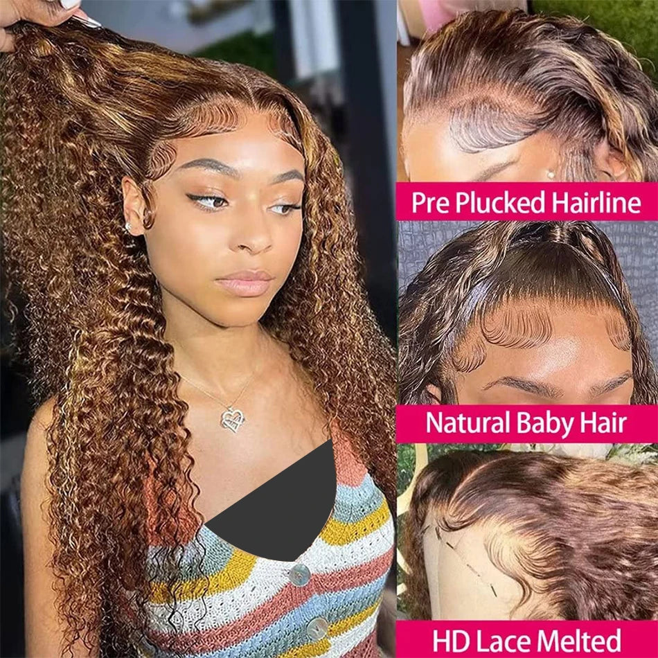 4/27 Highlight Ombre 13x4 / 13x6 HD Lace Front Wig – 100% Brazilian Remy Human Hair, Deep Wave / Curly, 190–210% Density, Long 18–36 Inch, Pre-Plucked with Baby Hair