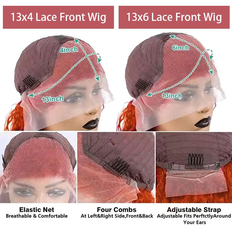 Ginger Orange #350 13x4 / 13x6 HD Lace Front Wig – 100% Peruvian Remy Human Hair, Water Wave / Deep Curly, Pre-Plucked with Baby Hair, Long 26+ Inch