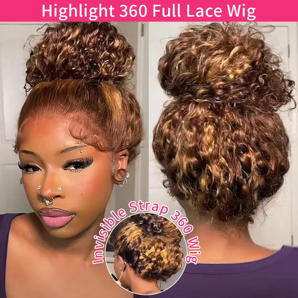 360° Highlight Deep Wave HD Lace Wig – 100% Brazilian Virgin Human Hair, 13x4 Full Lace Frontal, Honey Blonde 4/27, 250% Density, Pre-Plucked & Glueless Drawstring Wig
