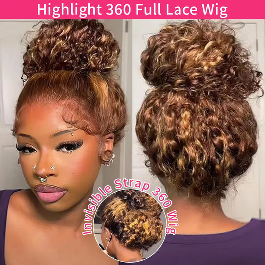 360° Highlight Deep Wave HD Lace Wig – 100% Brazilian Virgin Human Hair, 13x4 Full Lace Frontal, Honey Blonde 4/27, 250% Density, Pre-Plucked & Glueless Drawstring Wig