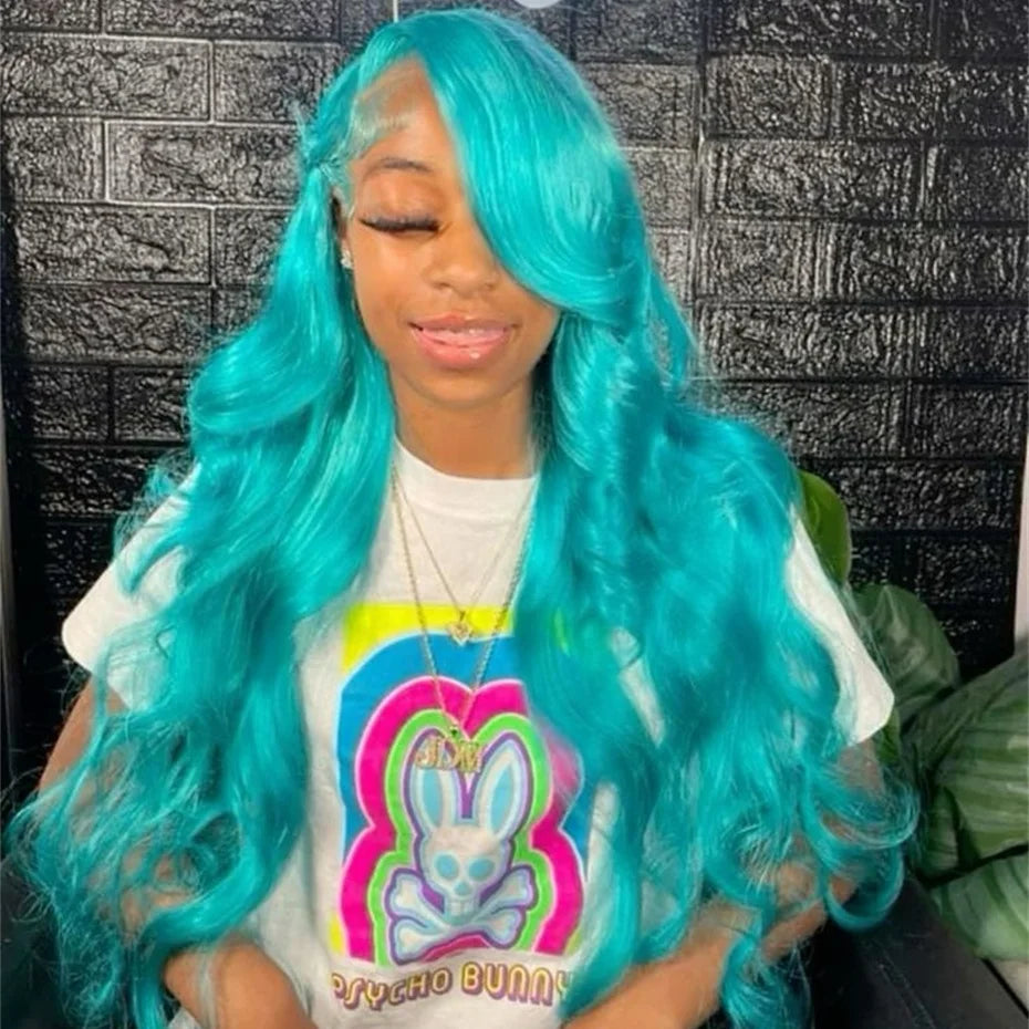 Teal Ocean Blue 13x6 HD Lace Front Wig – 100% Brazilian Remy Human Hair, 613 Blonde Base, Body Wave, Mint Green Tone, Pre-Plucked & Long 26-Inch+