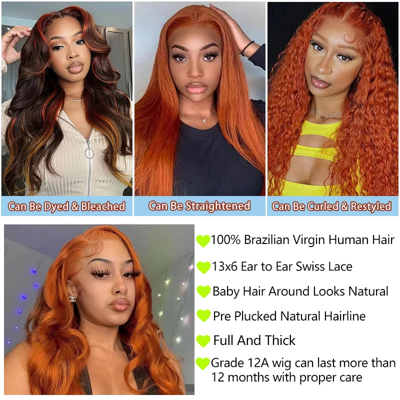 Ginger Orange 13x6 Lace Front Wig Human Hair – 200% Density Body Wave, 100% Brazilian Remy, Pre-Plucked Natural Hairline