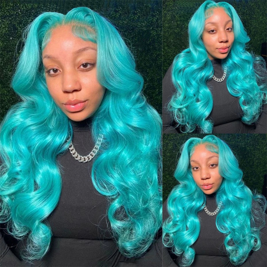 Teal Ocean Blue 13x6 HD Lace Front Wig – 100% Brazilian Remy Human Hair, 613 Blonde Base, Body Wave, Mint Green Tone, Pre-Plucked & Long 26-Inch+