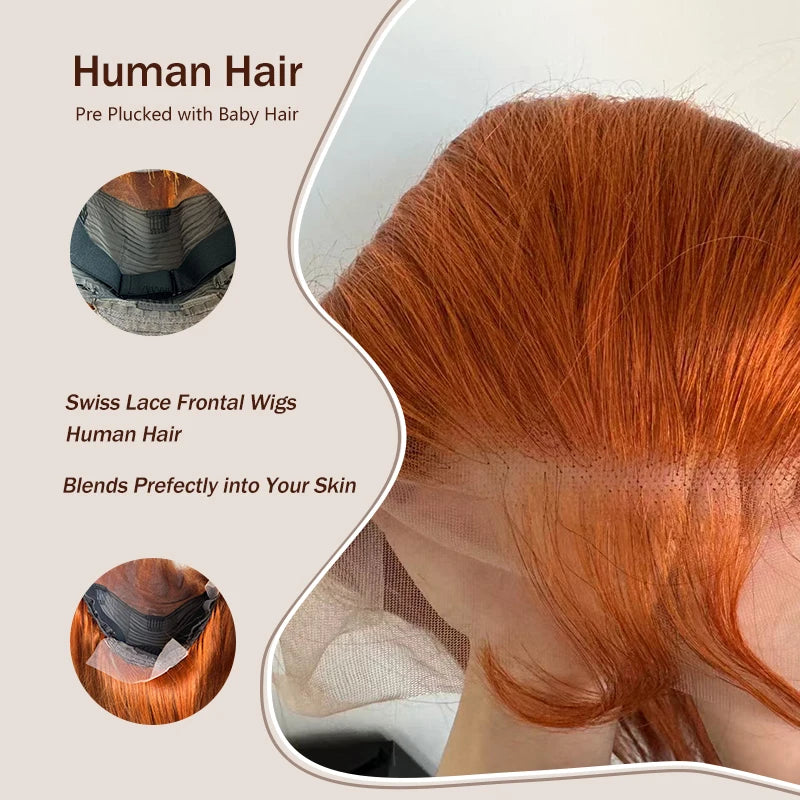 Ginger Orange 13x6 Lace Front Wig Human Hair – 200% Density Body Wave, 100% Brazilian Remy, Pre-Plucked Natural Hairline