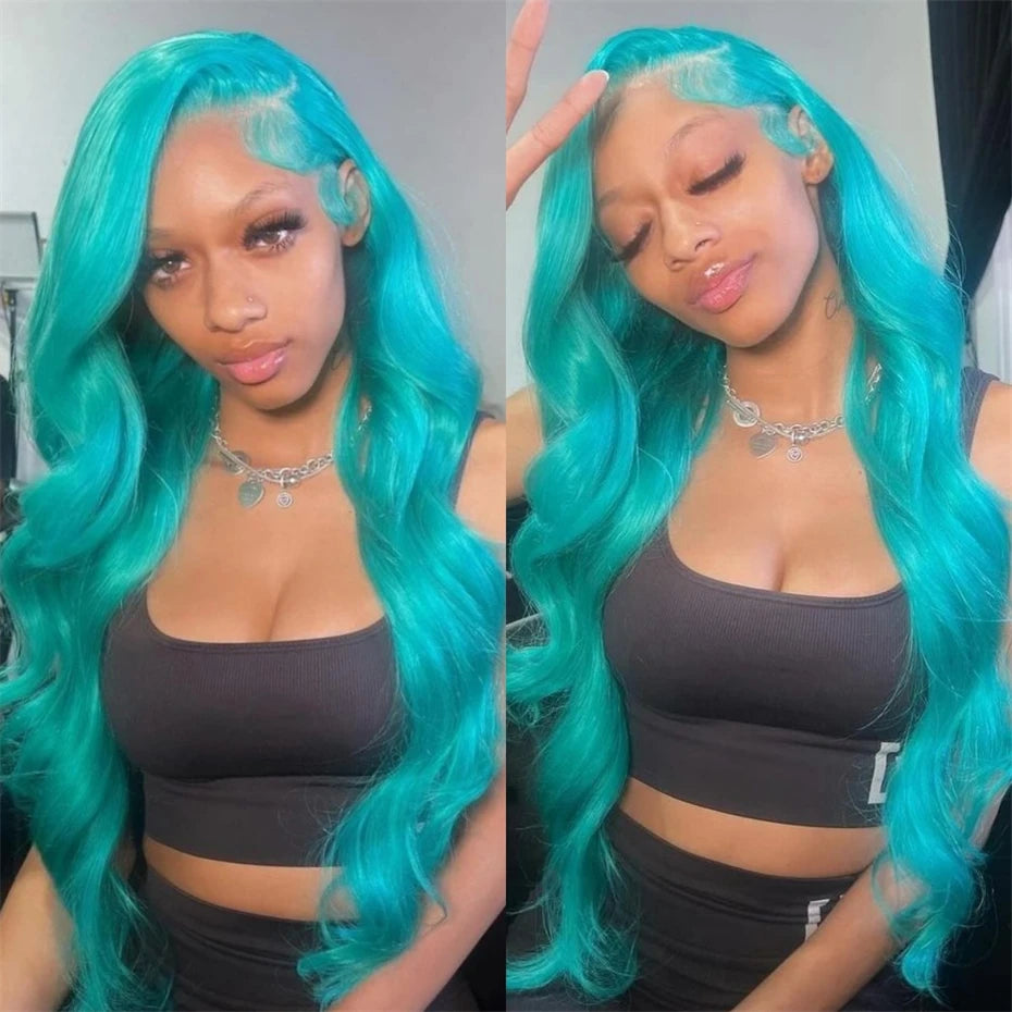 Teal Ocean Blue 13x6 HD Lace Front Wig – 100% Brazilian Remy Human Hair, 613 Blonde Base, Body Wave, Mint Green Tone, Pre-Plucked & Long 26-Inch+
