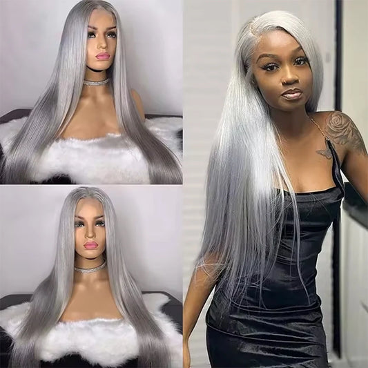 Silver Grey 13x6 HD Lace Front Wig – 100% Brazilian Remy Human Hair, 250% Density, Straight, 30–40 Inch Long, Pre-Plucked Natural Hairline