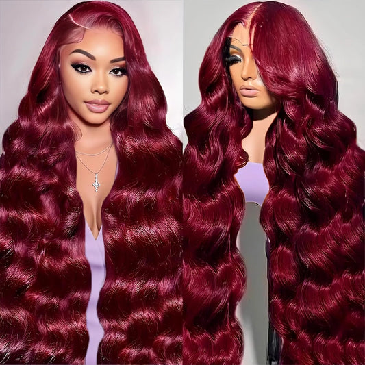 99J Burgundy 13x4 / 13x6 HD Lace Front Wig – 100% Brazilian Remy Human Hair, Body Wave, 220% Density, Pre-Plucked with Baby Hair, Long 26-Inch+