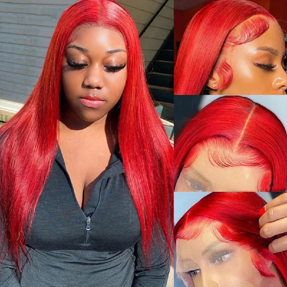 Hot Red 13x4 HD Lace Front Wig – 100% Brazilian Remy Human Hair, Bone Straight, 99J Burgundy Color, Pre-Plucked with Baby Hair, Long 26-Inch+