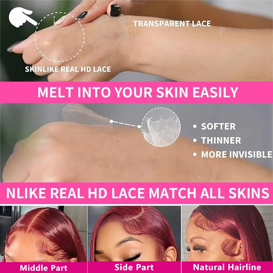 99J Burgundy HD Lace Front Wig – 100% Brazilian Remy Human Hair, Body Wave, 13x4 / 13x6 Transparent Lace, 180–250% Density, Pre-Plucked, Glueless & Long 26-Inch+