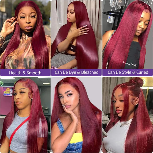30-Inch Burgundy 99J HD Lace Front Wig – 100% Brazilian Remy Human Hair, Bone Straight, 13x4 / 13x6 Transparent Lace, 200–220% Density, Pre-Plucked with Baby Hair