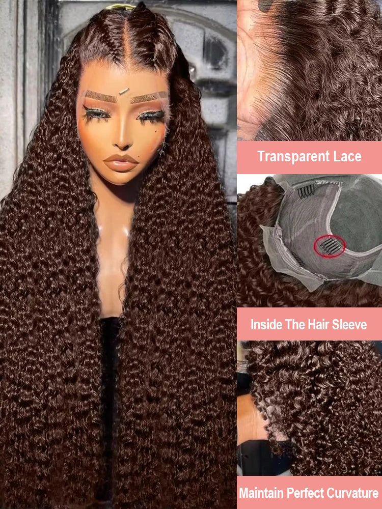 Chocolate Brown 13x4 / 13x6 HD Lace Front Wig – 100% Brazilian Virgin Human Hair, Deep Curly / Water Wave, 180–250% Density, Long 30–36 Inch, Pre-Plucked with Baby Hair