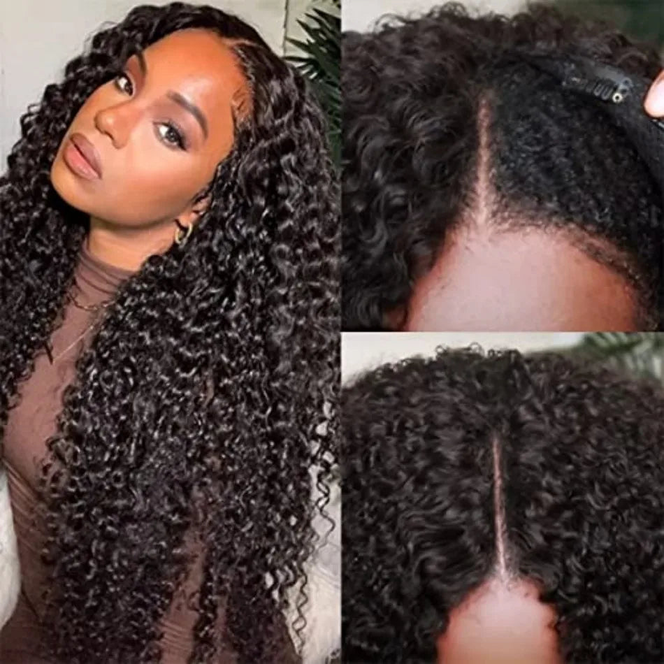 Curly V Part Wig – 30 Inch Deep Wave, Glueless No Leave Out, Brazilian Human Hair, 180%-220% Density, Natural Color