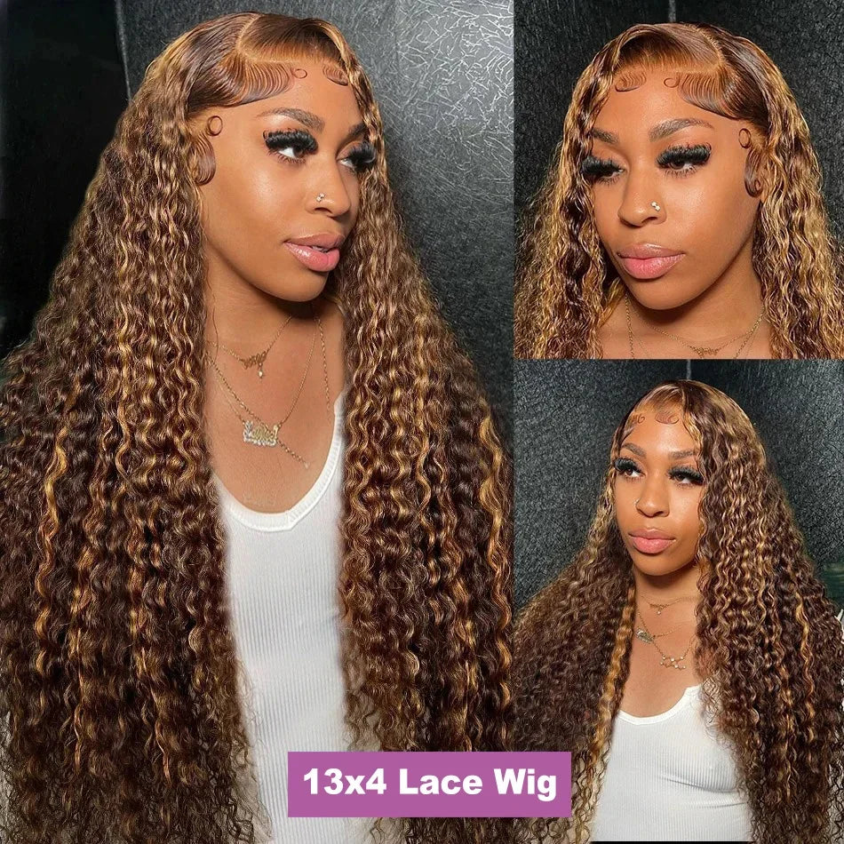 4/27 Highlight Ombre 13x4 / 13x6 HD Lace Front Wig – 100% Brazilian Remy Human Hair, Deep Wave / Curly, 190–210% Density, Long 18–36 Inch, Pre-Plucked with Baby Hair