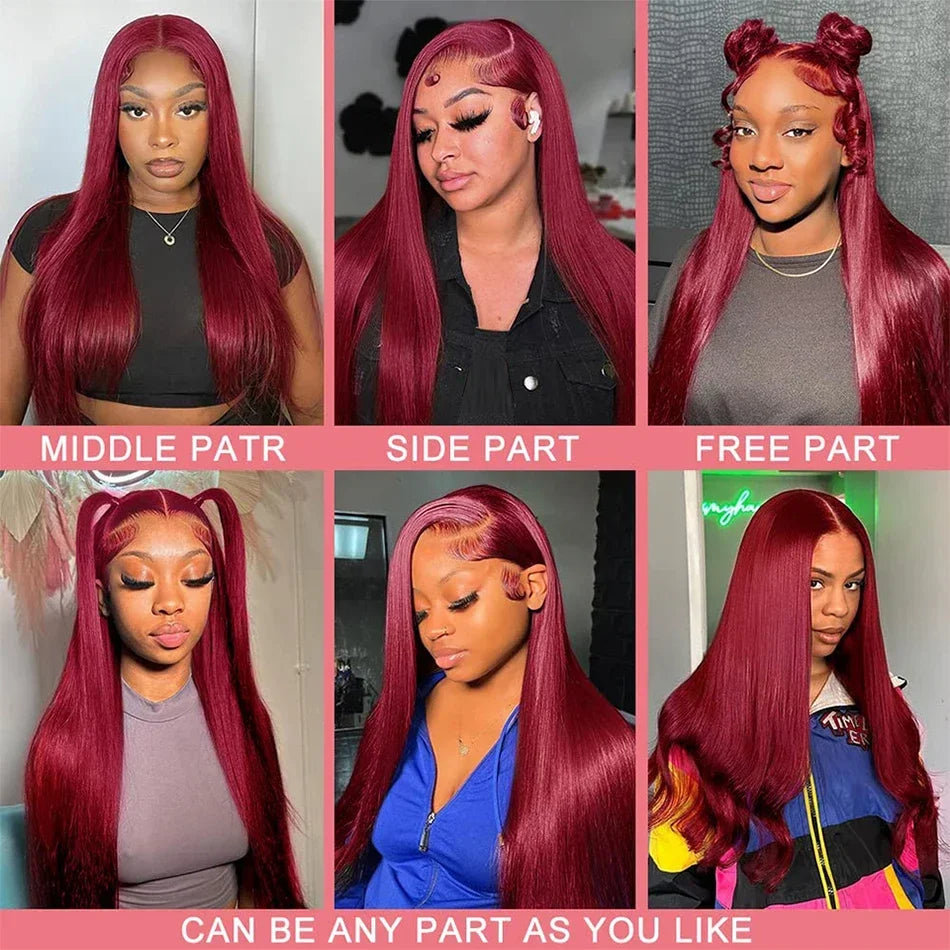 99J Burgundy 13x4 / 13x6 HD Lace Front Wig – 100% Brazilian Remy Human Hair, Full Frontal, Bone Straight, Pre-Plucked with Baby Hair, Transparent Lace, Long 26-Inch+