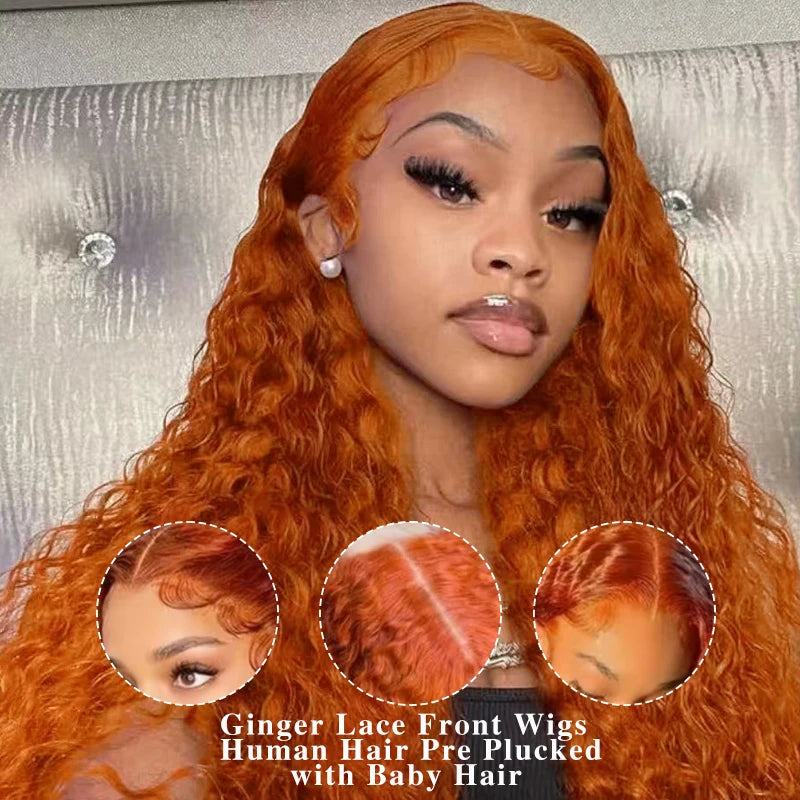 Ginger Orange #350 13x4 / 13x6 HD Lace Front Wig – 100% Peruvian Remy Human Hair, Water Wave / Deep Curly, Pre-Plucked with Baby Hair, Long 26+ Inch