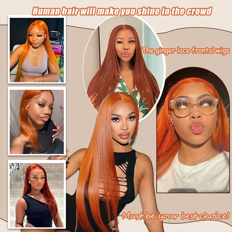 Ginger Orange #350 13x4 / 13x6 HD Lace Front Wig – 100% Peruvian Virgin Human Hair, Bone Straight, 180–200% Density, Pre-Plucked with Baby Hair