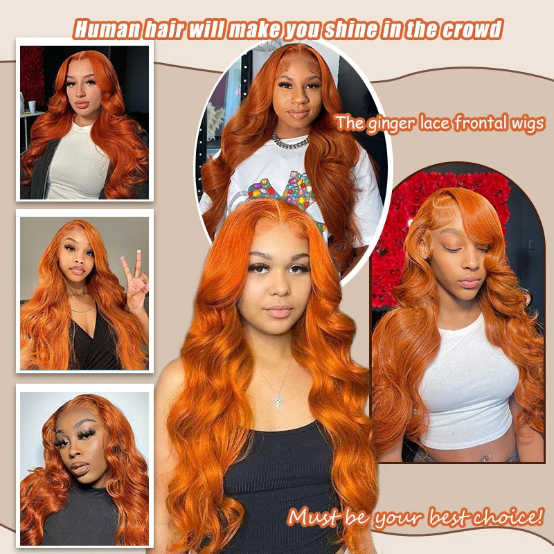 Ginger Orange 13x6 Lace Front Wig Human Hair – 200% Density Body Wave, 100% Brazilian Remy, Pre-Plucked Natural Hairline