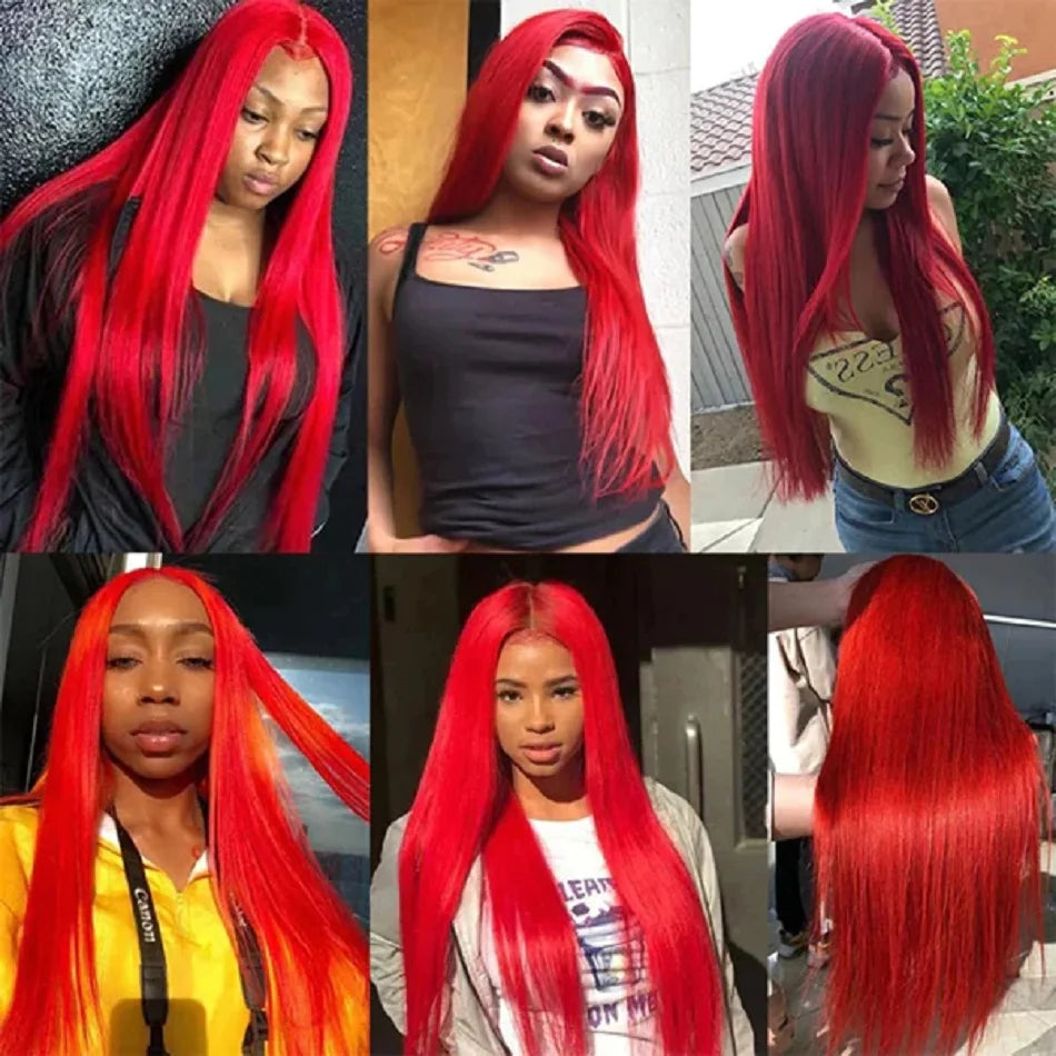 Hot Red 13x4 HD Lace Front Wig – 100% Brazilian Remy Human Hair, Bone Straight, 99J Burgundy Color, Pre-Plucked with Baby Hair, Long 26-Inch+