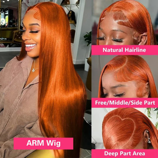 Ginger Orange #350 13x4 / 13x6 HD Lace Front Wig – 100% Peruvian Virgin Human Hair, Bone Straight, 180–200% Density, Pre-Plucked with Baby Hair