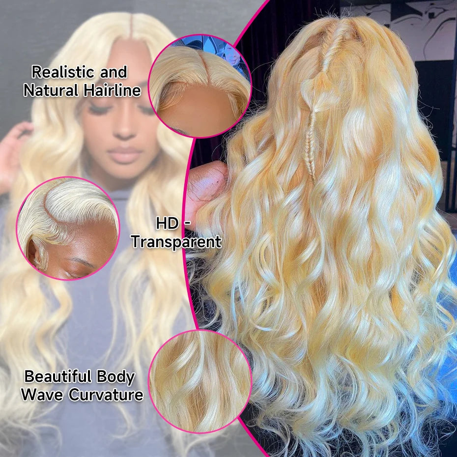 36–44 Inch 613 Blonde HD Lace Front Wig – 100% Brazilian Remy Human Hair, Body Wave, 13x4 / 13x6 Lace Frontal, 250–300% Density, Pre-Plucked with Baby Hair