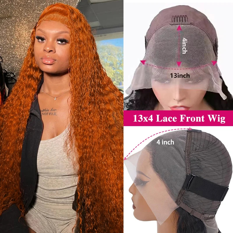 Ginger Orange 13x4 / 13x6 HD Lace Front Wig – 100% Brazilian Remy Human Hair, Deep Wave / Water Wave, Pre-Plucked with Baby Hair, Long 38 Inch