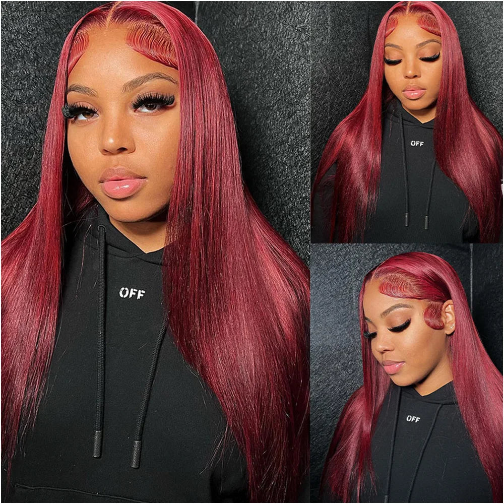 28–36 Inch Burgundy 99J HD Lace Front Wig – 100% Brazilian Remy Human Hair, Bone Straight, 13x6 Transparent Lace, 180–200% Density, Pre-Plucked with Baby Hair