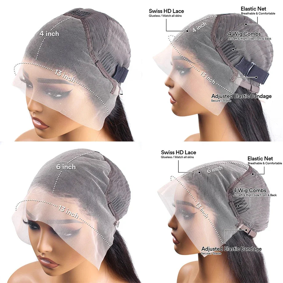 Glueless Bone Straight HD Lace Wig – 13x6 / 13x4 / 4x4 / 5x5 Transparent Swiss Lace, 100% Brazilian Remy Human Hair, Pre-Plucked Natural Hairline