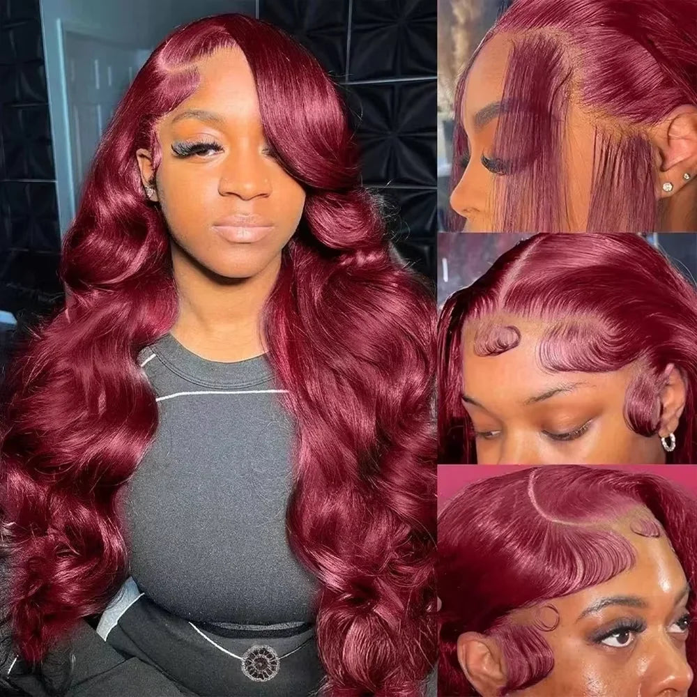 99J Burgundy 13x4 / 13x6 HD Lace Front Wig – 100% Brazilian Remy Human Hair, Body Wave, 220% Density, Pre-Plucked with Baby Hair, Long 26-Inch+