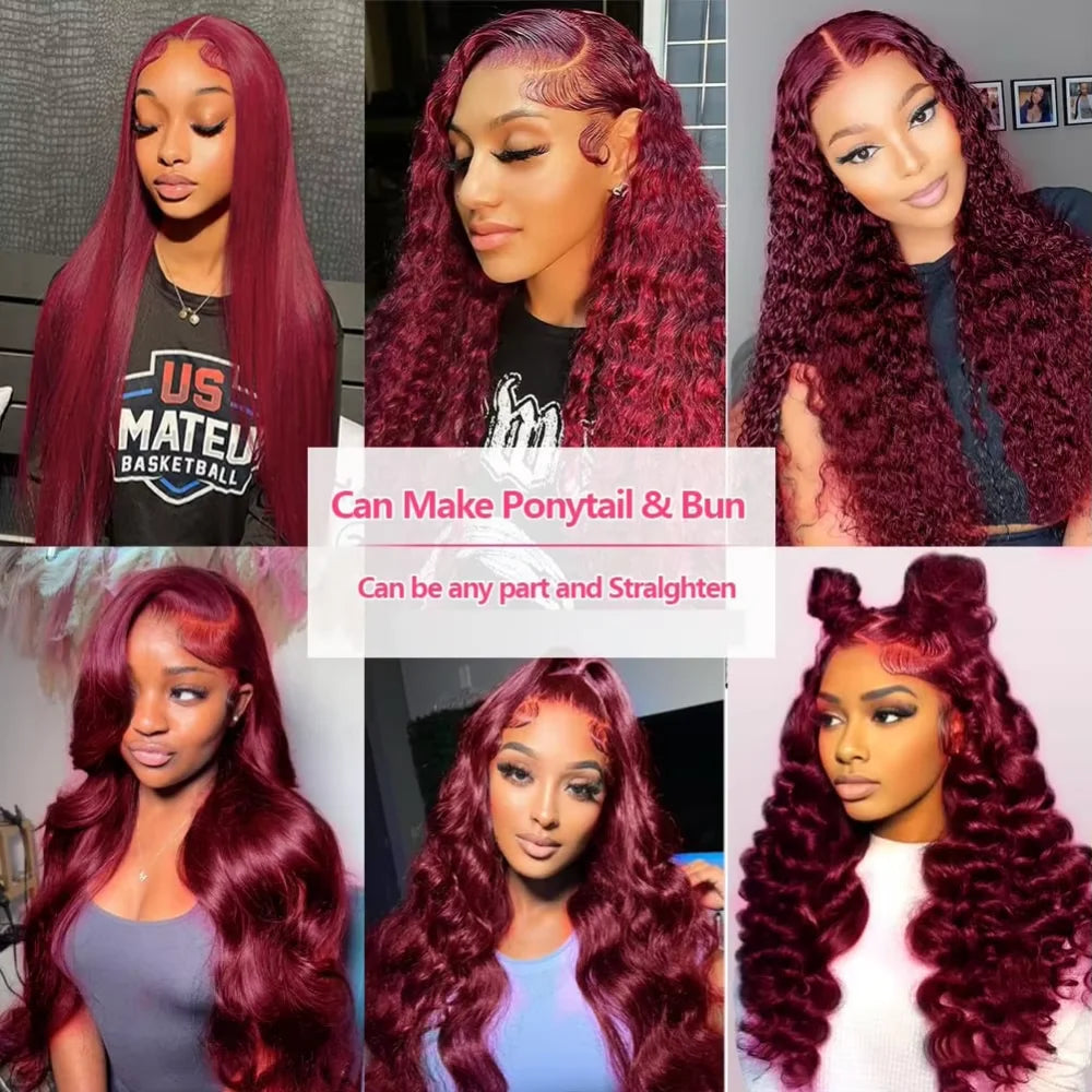 99J Burgundy 13x4 / 13x6 HD Lace Front Wig – 100% Brazilian Remy Human Hair, Body Wave, 220% Density, Pre-Plucked with Baby Hair, Long 26-Inch+