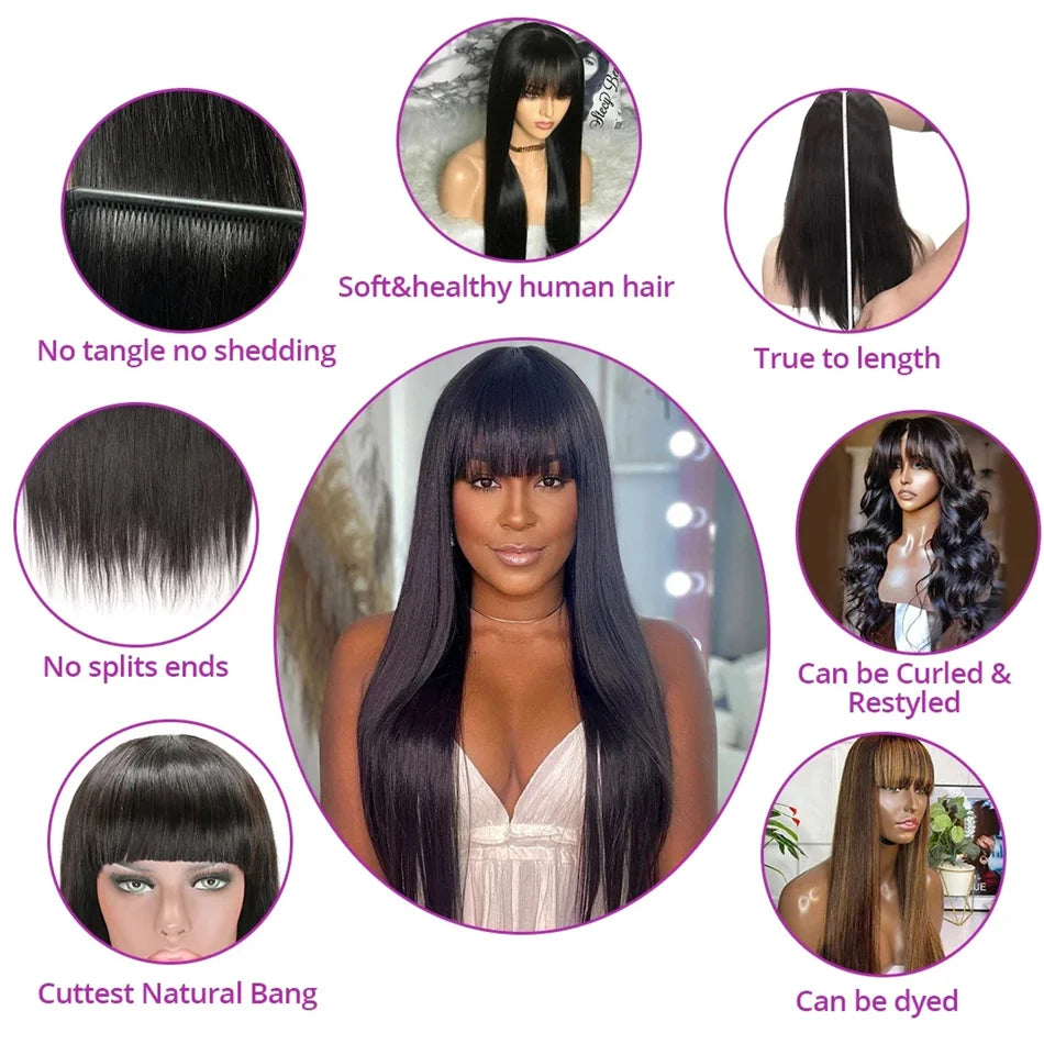 Bone Straight Human Hair Wig with Bangs – 100% Brazilian Remy, 30 Inch Long, 3x1 HD Lace, Glueless Natural Black Wig for Women