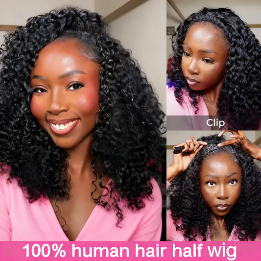 250% Kinky Curly V Part Wig Human Hair No Leave Out Upgrade Deep Wave Curly V Shape Wig No Glue Clip In Half Wig For Women