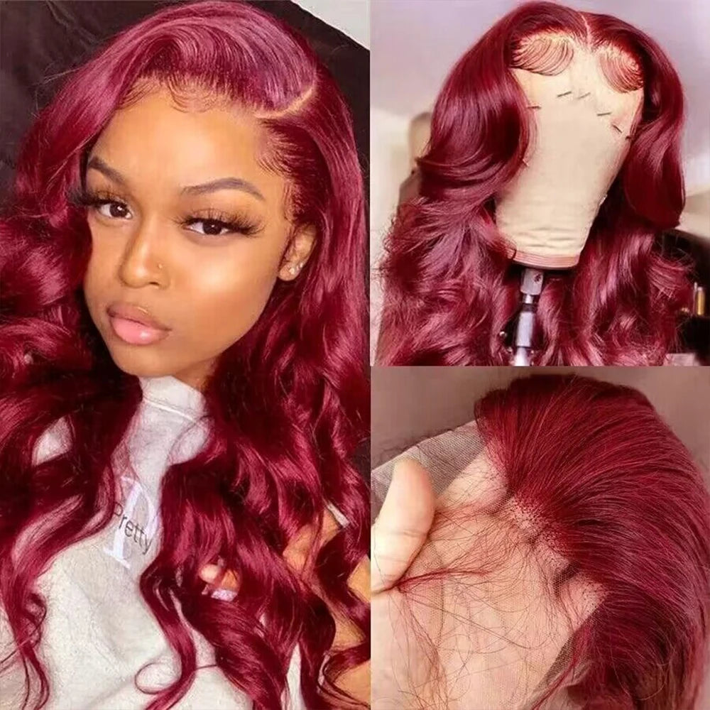 99J Burgundy 13x6 / 13x4 HD Lace Front Wig – 100% Brazilian Remy Human Hair, Body Wave, 200% Density, Long 30–36 Inch, Pre-Plucked & Transparent Lace
