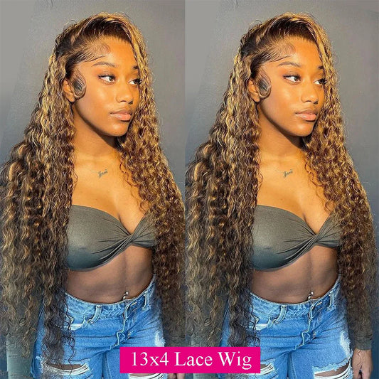 Highlight Ombre 13x4 / 13x6 HD Lace Front Wig – 100% Brazilian Remy Human Hair, Deep Wave / Water Wave Texture, Pre-Plucked Hairline, P4/27 Color, Long 26-Inch+