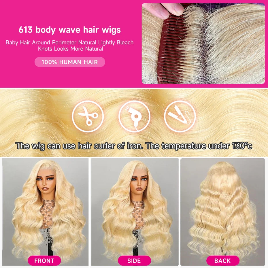 36–44 Inch 613 Blonde HD Lace Front Wig – 100% Brazilian Remy Human Hair, Body Wave, 13x4 / 13x6 Lace Frontal, 250–300% Density, Pre-Plucked with Baby Hair