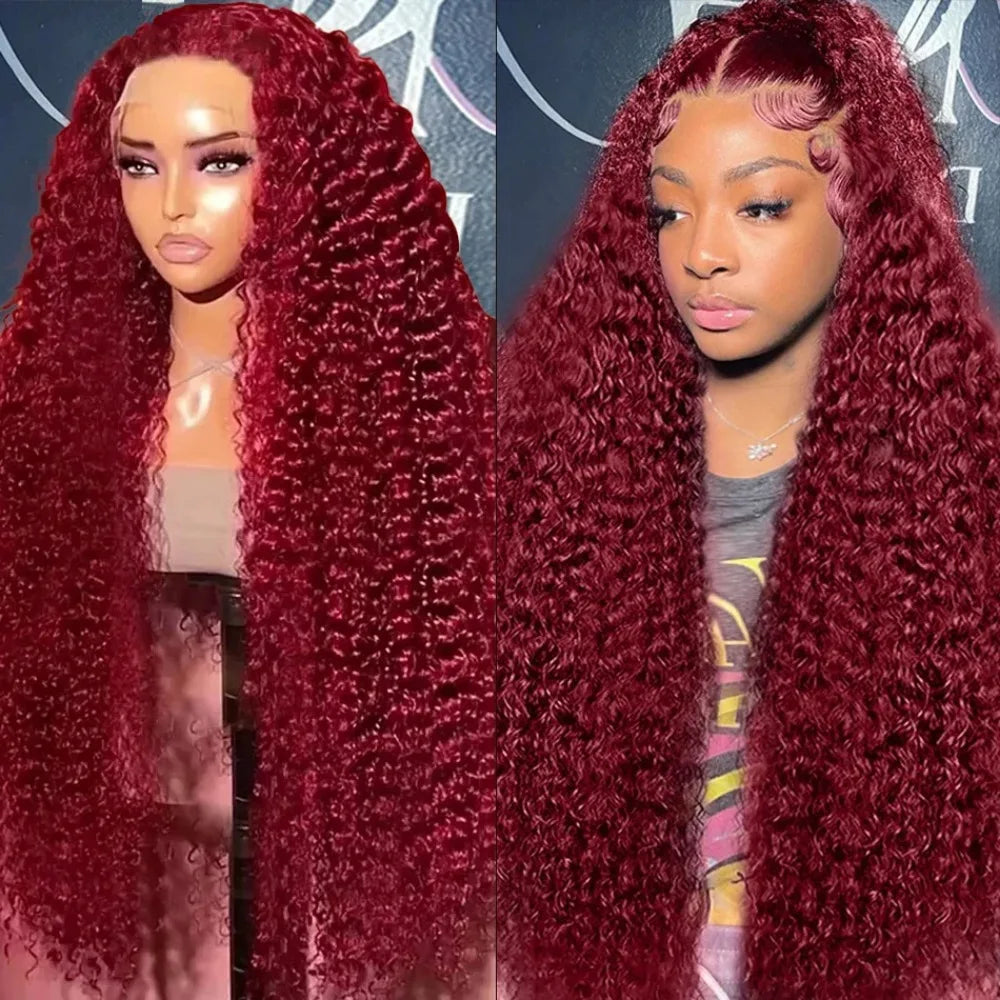 99J Burgundy 13x4 / 13x6 HD Lace Front Wig – 100% Brazilian Remy Human Hair, Deep Wave, 200% Density, Full Frontal, Pre-Plucked with Baby Hair, Long 18–46 Inch