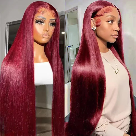 99J Burgundy 13x4 / 13x6 HD Lace Front Wig – 100% Brazilian Remy Human Hair, Full Frontal, Bone Straight, Pre-Plucked with Baby Hair, Transparent Lace, Long 26-Inch+