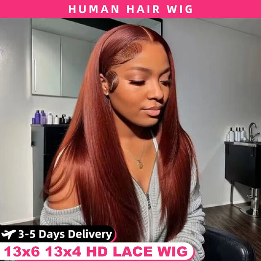 Reddish Brown 13x6 HD Lace Front Wig – 100% Vietnamese Double Drawn Human Hair, Bone Straight, Glueless, Pre-Plucked & Bleached Knots